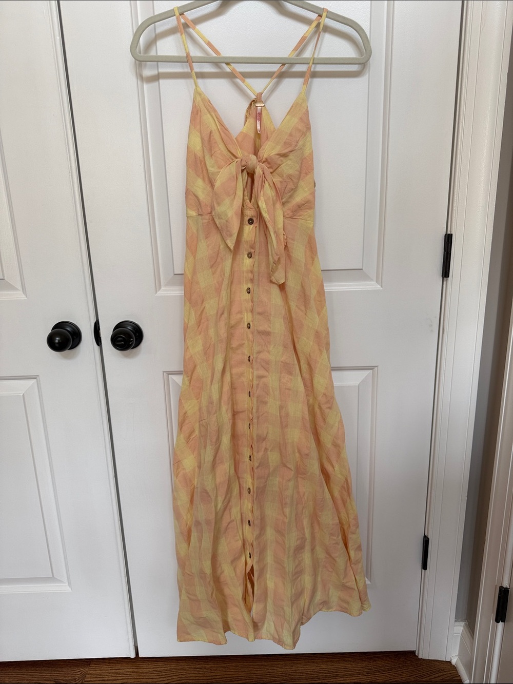 Free People Tie-Front Button Maxi Dress in Yellow and Peach Plaid